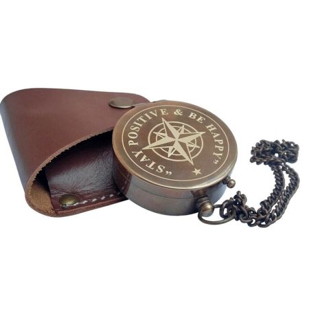 Brass Pocket Compass with Leather Case Quote